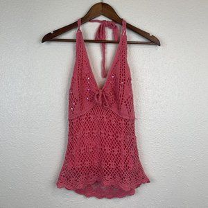 J.J. Basics Womens Vintage 90s Early 2000's Pink Crochet Halter Sequin Top Sz M